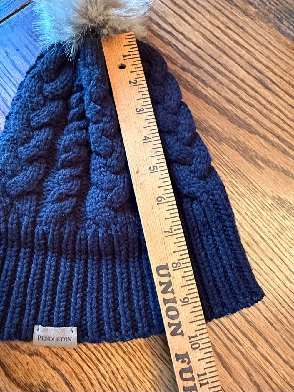 Pendleton Cable Knit Beanie Faux Fur Pom lambs Wool Blend Black